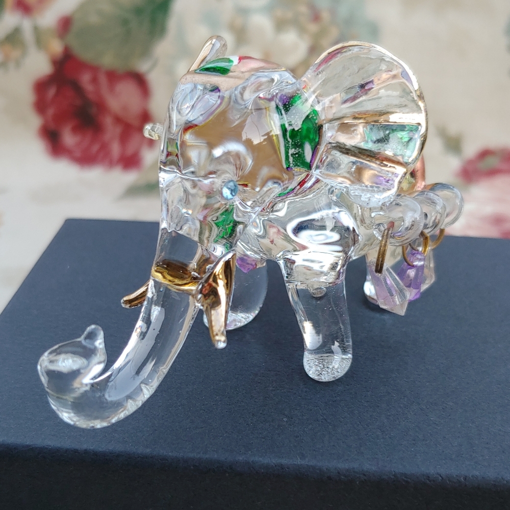 Crystal Elephant Figurine with Gold Tone Accents 4"x2"x2"